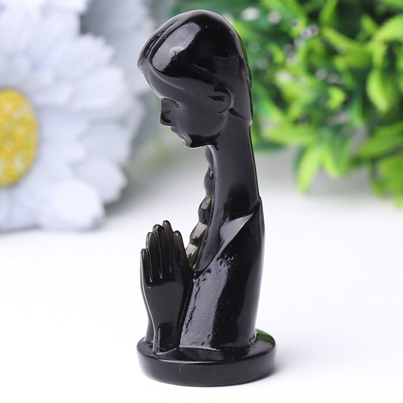 3 Zoll große Gebetskristallfigur aus schwarzem Obsidian
