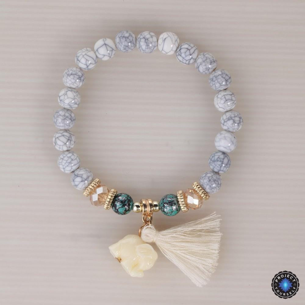 3-teiliges Boho-Armbandset mit Elefanten-Charm aus Stein und Holzperlen