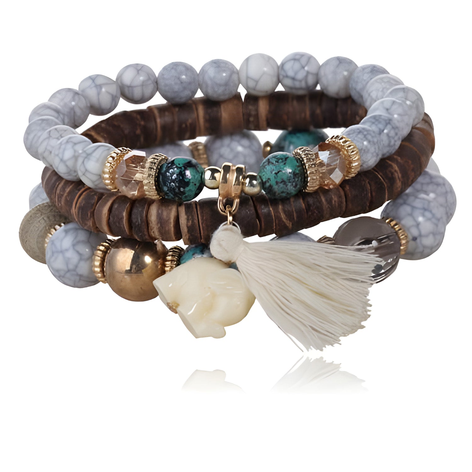 3-teiliges Boho-Armbandset mit Elefanten-Charm aus Stein und Holzperlen