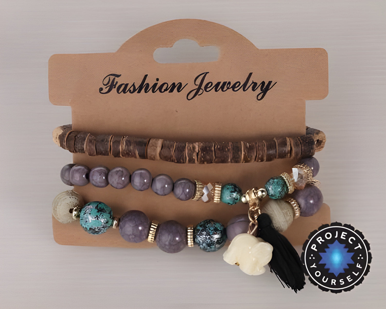 3-teiliges Boho-Armbandset mit Elefanten-Charm aus Stein und Holzperlen