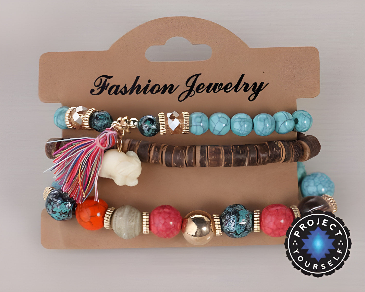 3-teiliges Boho-Armbandset mit Elefanten-Charm aus Stein und Holzperlen