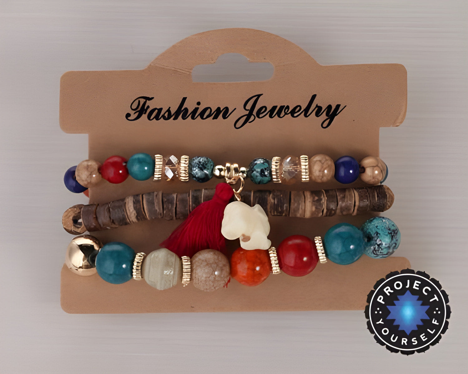 3-teiliges Boho-Armbandset mit Elefanten-Charm aus Stein und Holzperlen