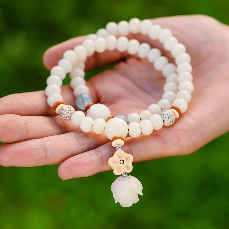 Unisex-Lotusarmband mit weißer Jade, Bodhi-Samen und Segen