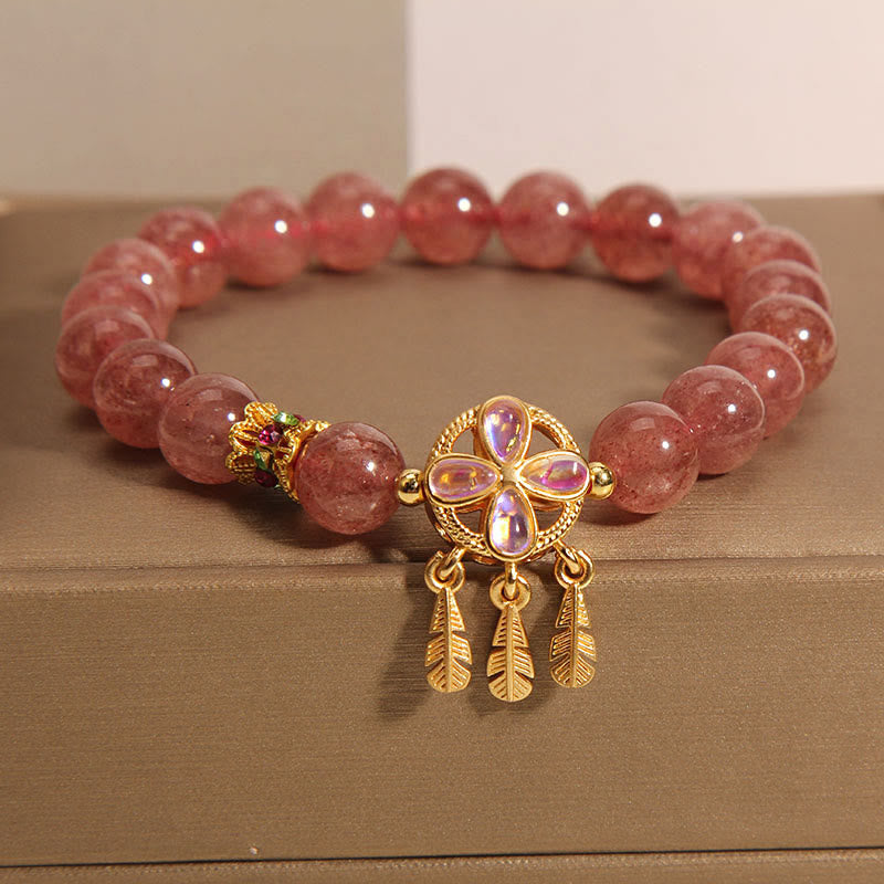 Strawberry Quartz Love Bracelet with Clover Dreamcatcher Charm