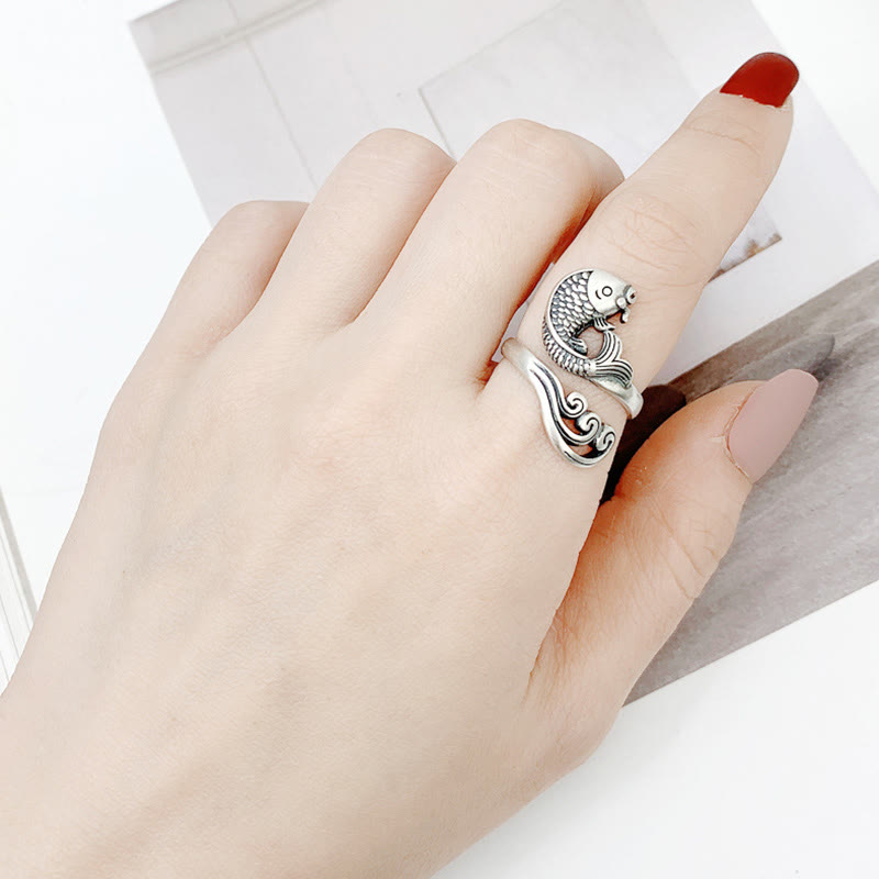 Adjustable 925 Sterling Silver Koi Fish Luck Prosperity Ring