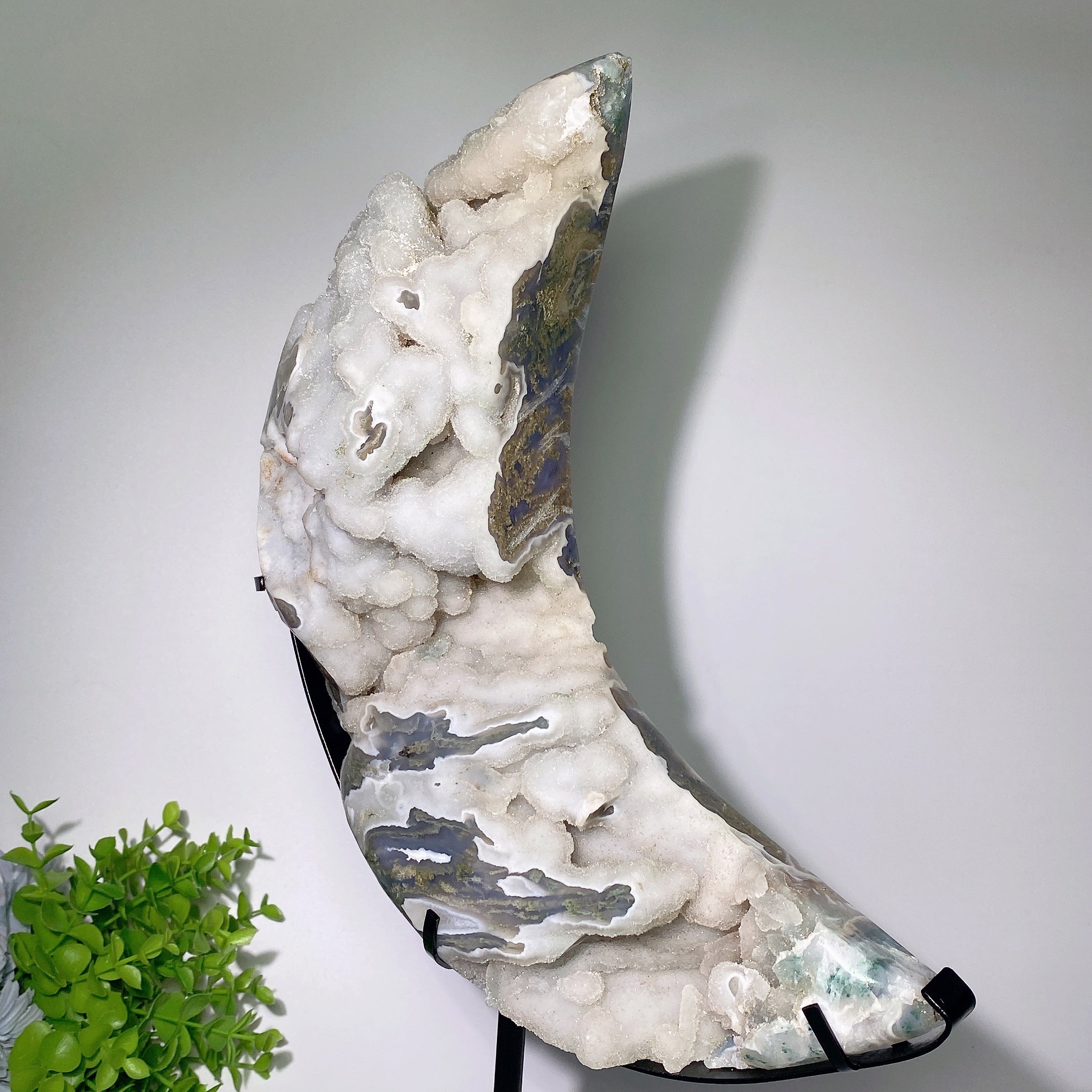 30 cm Druzy Moss Achat Mond Schnitzerei Kristallform für Heilung