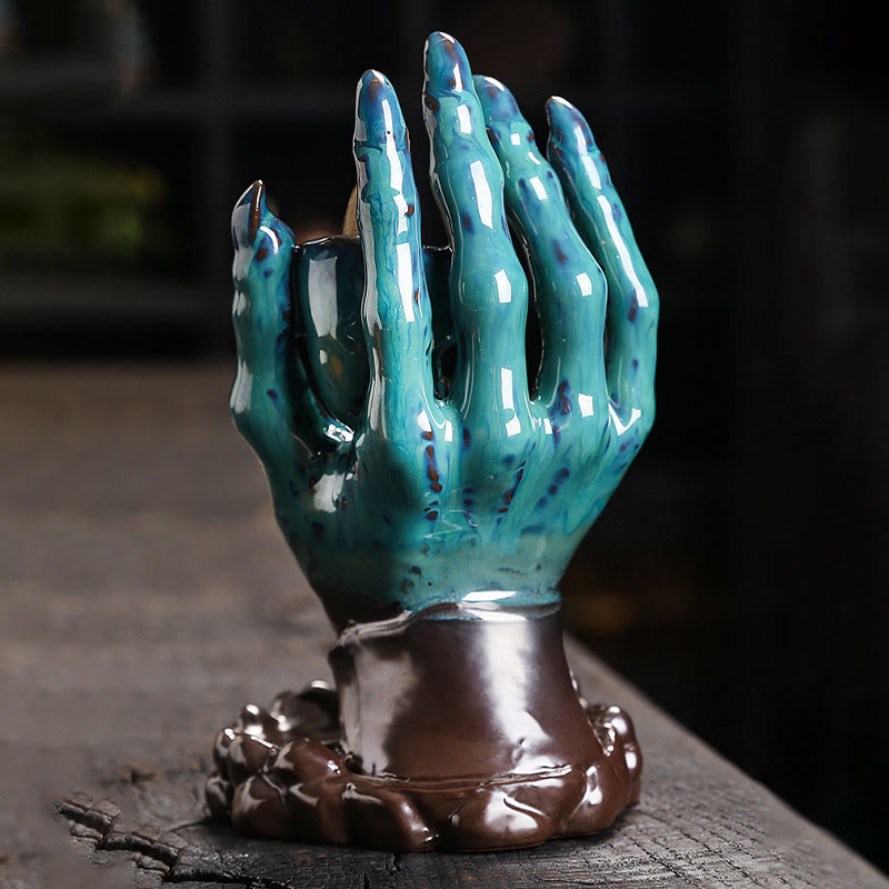 Brown Ceramic Incense Burner Skull Hand Decoration