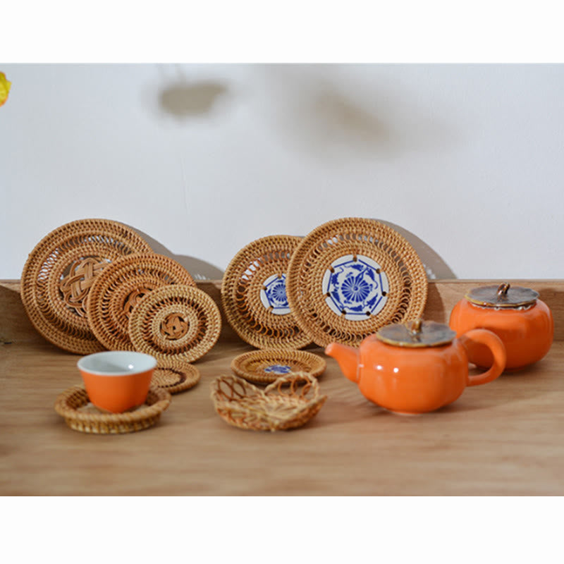 Ceramic Flower Pattern Rattan Cup Mat | 10cm Coaster