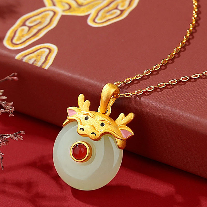 Dragon Zodiac Necklace | Sterling Silver with Hetian Jade & Red Agate