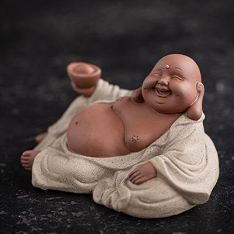 Purple Clay Laughing Buddha Statue 13.5cm for Wealth & Joy
