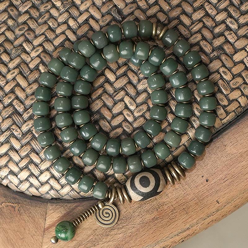 Unisex Cyan Bodhi Seed Dzi Bead Triple Wrap Bracelet