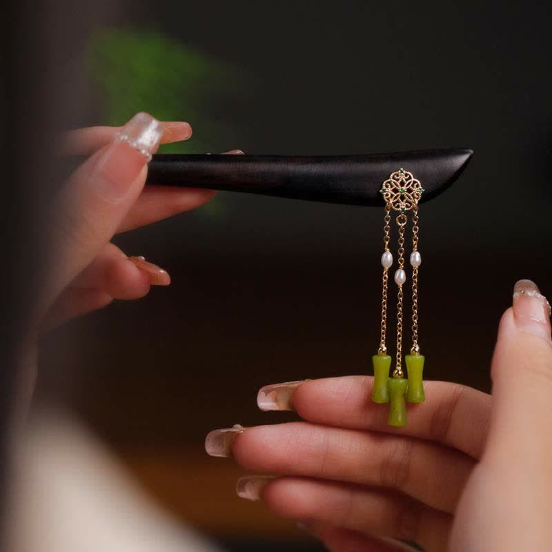 Natural Peridot & Ebony Wood Love Tassels Hairpin