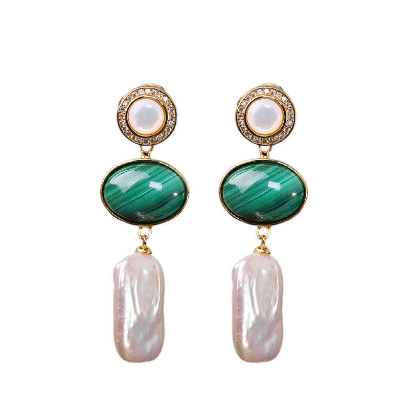 925 Sterling Silver Malachite Baroque Pearl Healing Wisdom Drop Earrings