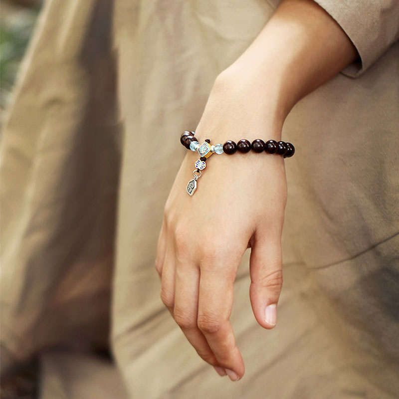 Aquamarine Bracelet with Red Sandalwood & 925 Silver Blessings