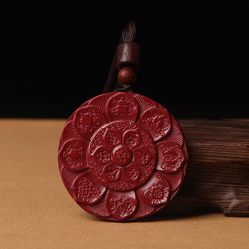 Natural Cinnabar Lotus Om Mani Padme Hum Pendant Necklace | Protection