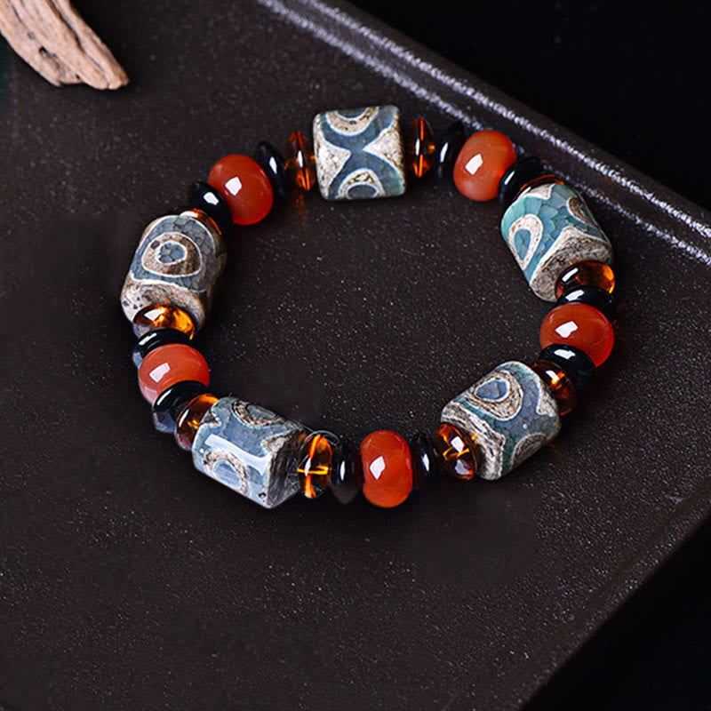 Unisex Three-Eyed Dzi Bead Agate Protection Bracelet