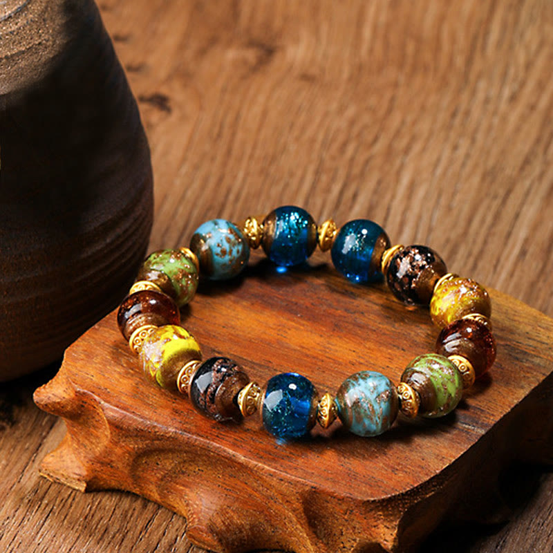 Gold Swallowing Beast Liuli Glass Bead Spiritual Bracelet 12mm