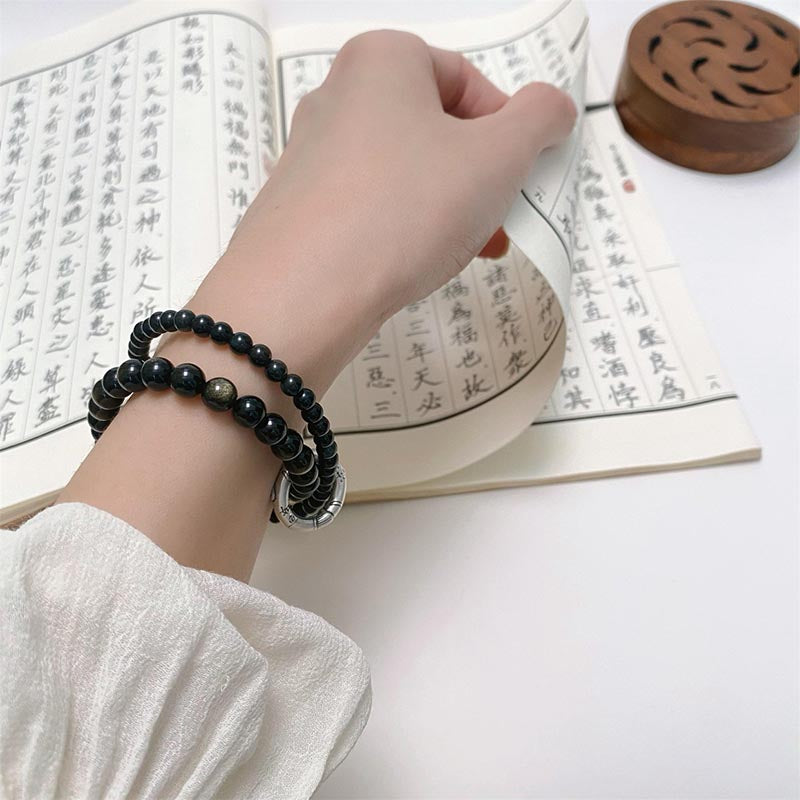 999 Sterling Silver Black Obsidian Unisex Protection Bracelet