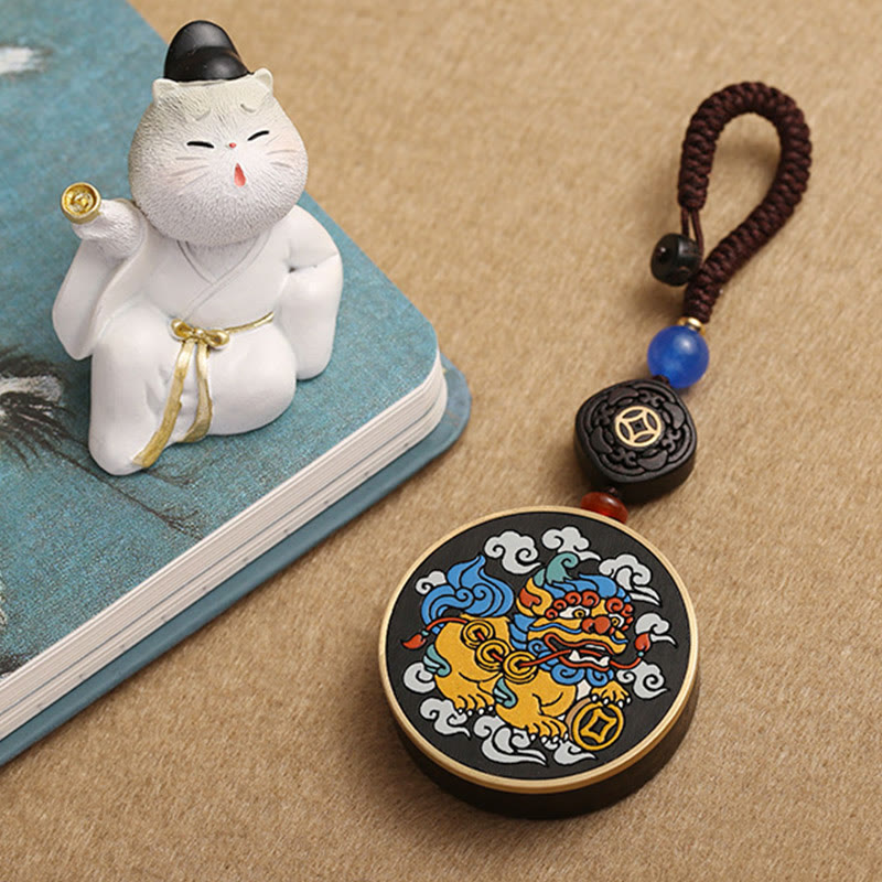 Pixiu Copper Coin Ebony Wood Luck Key Chain