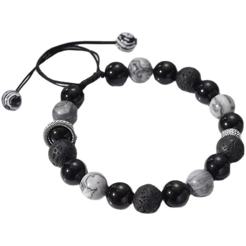 Vintage Lava Rock Black Obsidian Picasso Jasper Bracelet for Grounding