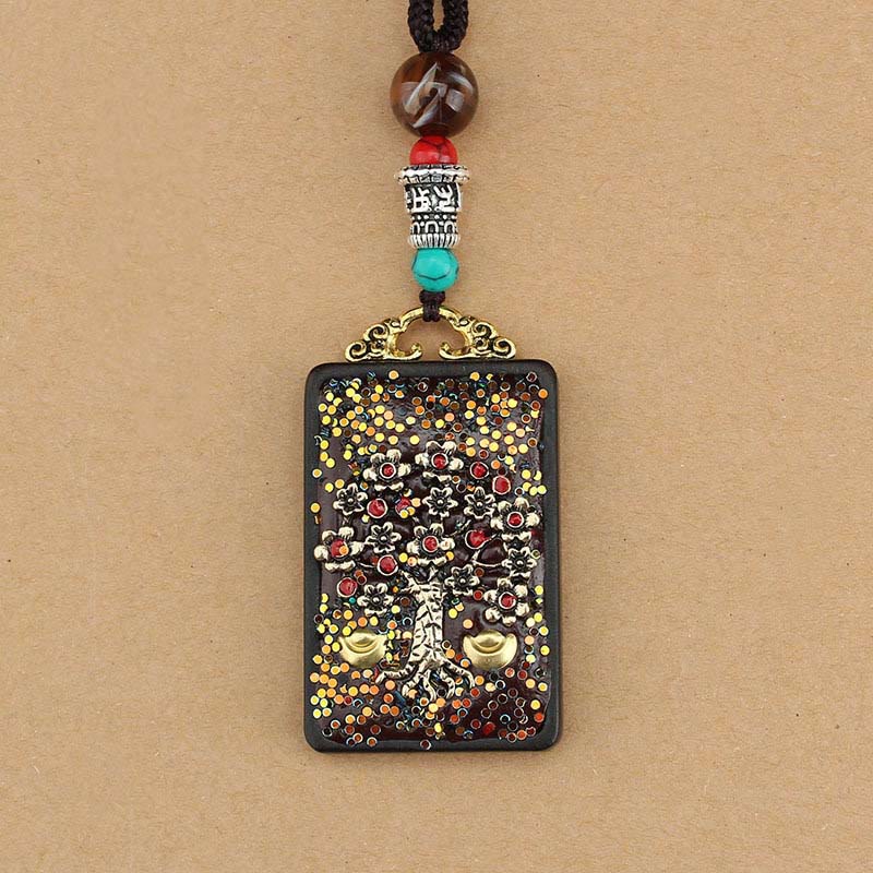 Ebony Spiritual Necklace with Wealth Gods & Golden Phoenix