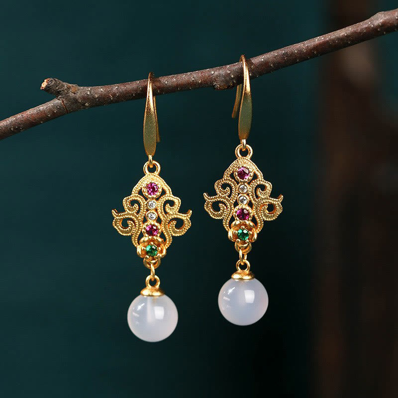 24K Gold Plated Chalcedony Spiritual Dangle Earrings