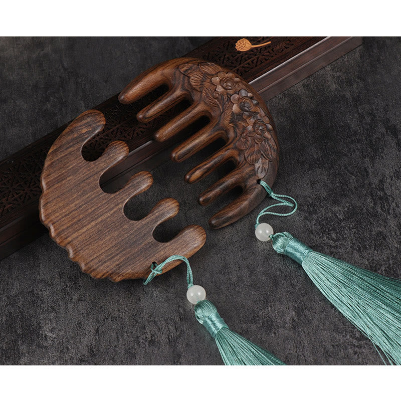 Green Sandalwood Tassel Comb with Lotus & Koi Fish Symbols