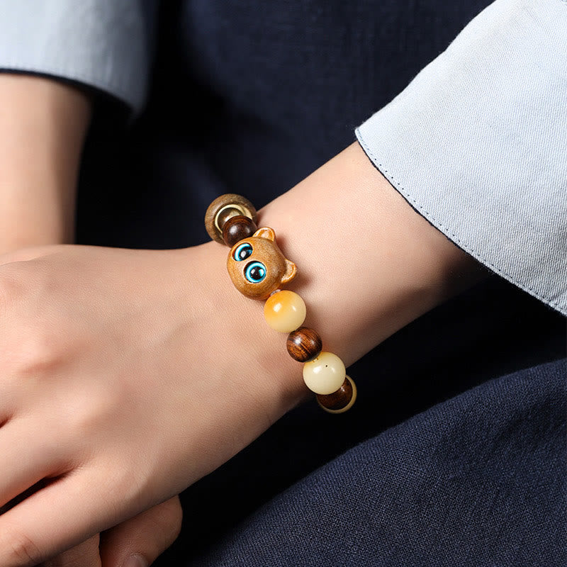Bodhi Seed Sandalwood Cat Peace Bracelet 14-17cm Unisex
