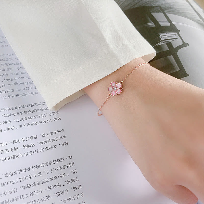 925 Sterling Silver Cherry Blossom Blessing Chain Bracelet with Rotatable Ring