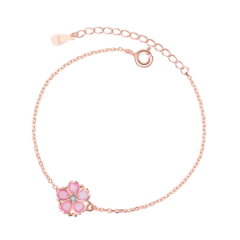 925 Sterling Silver Cherry Blossom Blessing Chain Bracelet with Rotatable Ring