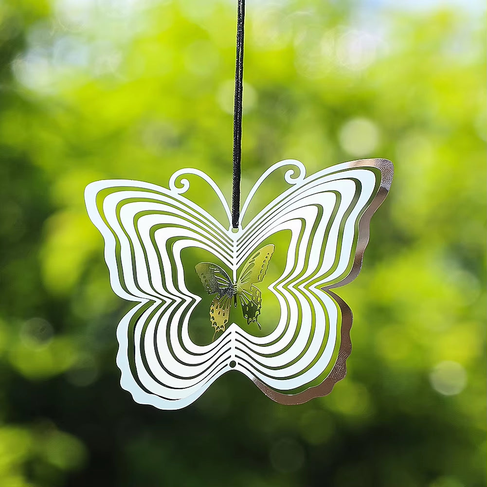 White metal butterfly wind spinner with spiral patterns for 3D kinetic suncatcher