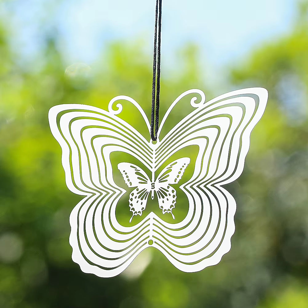 White metal butterfly wind spinner with spiral patterns in 3D design for garden decor