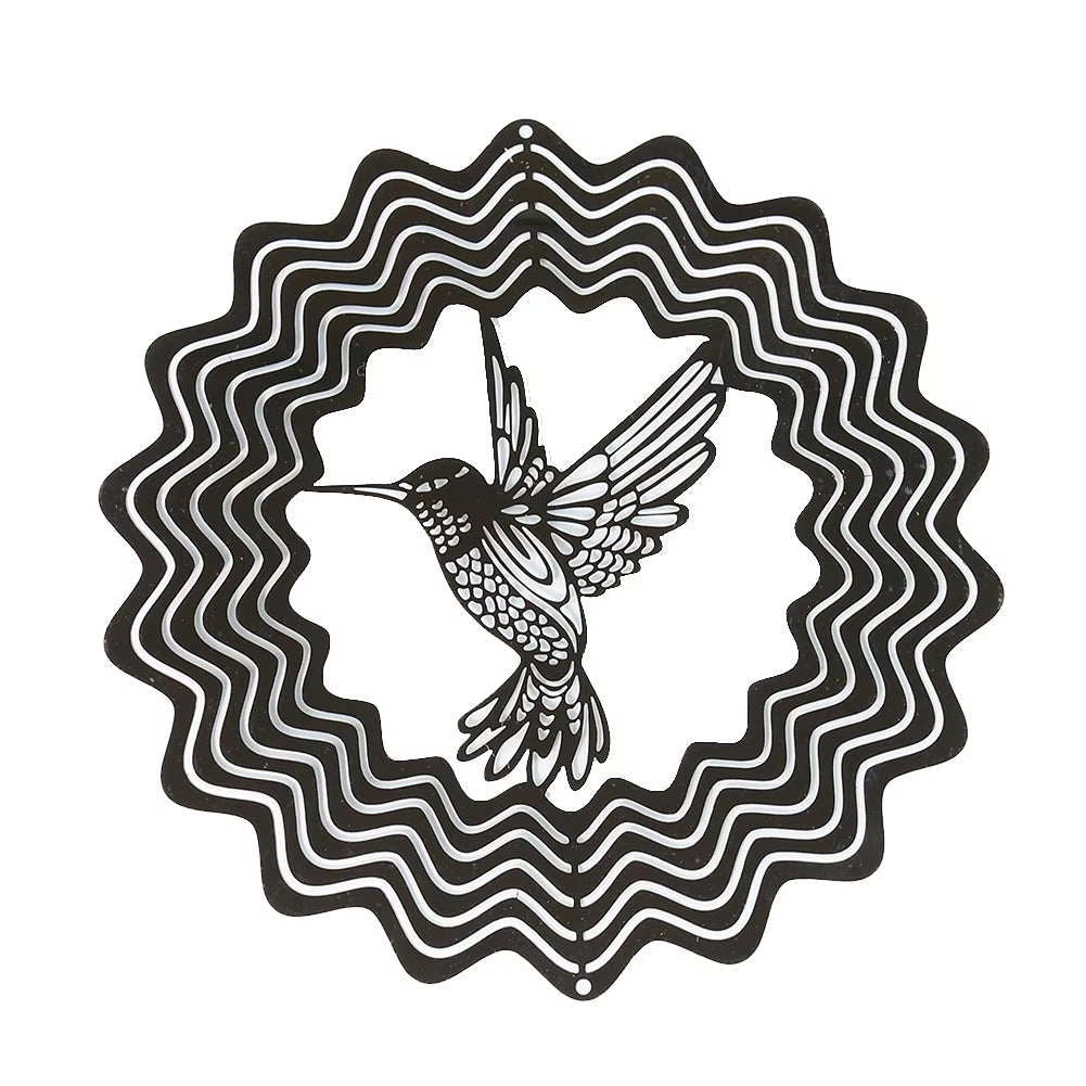 Hummingbird silhouette in wavy concentric circles on 3D Kinetic Metal Wind Spinner Decor