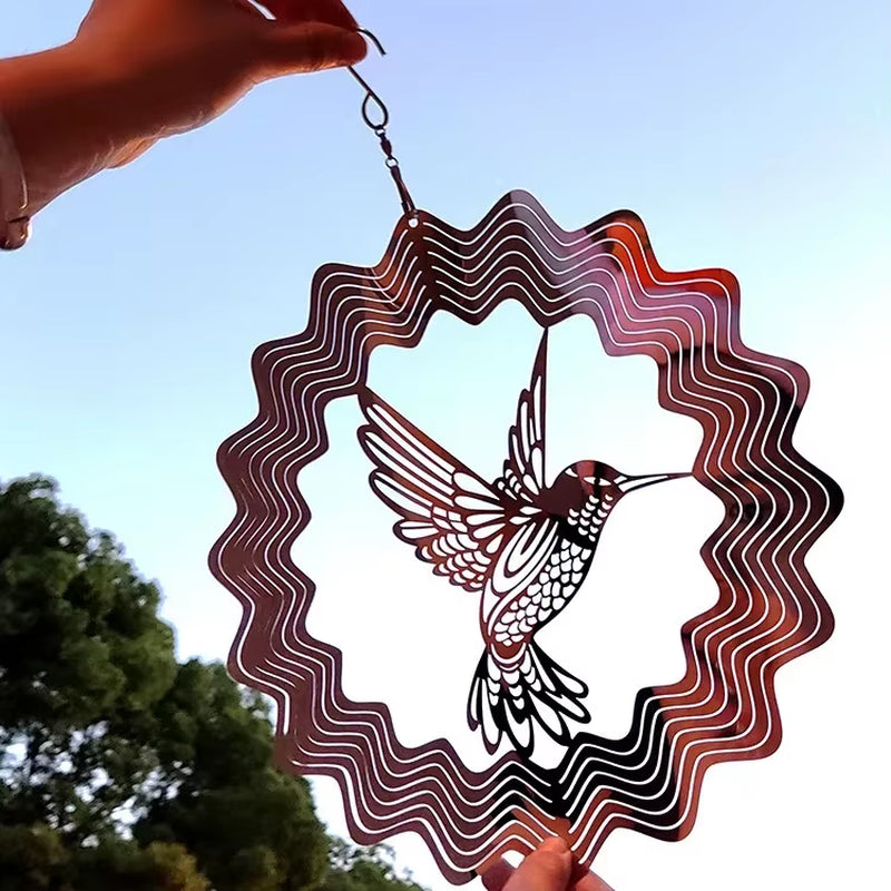 Metal wind spinner with hummingbird design in wavy circular frame for outdoor decor