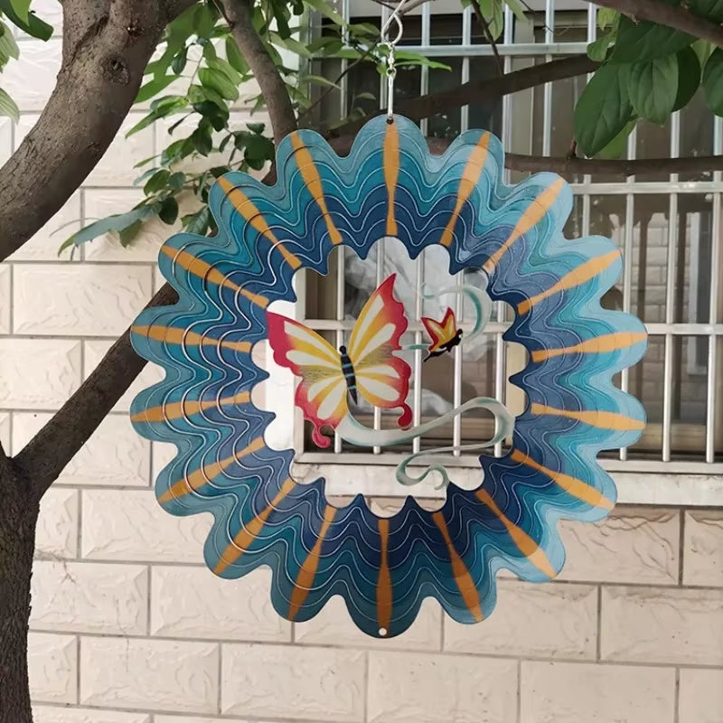 Decorative blue and gold butterfly wind spinner in 3D Kinetic Metal Suncatcher Decor