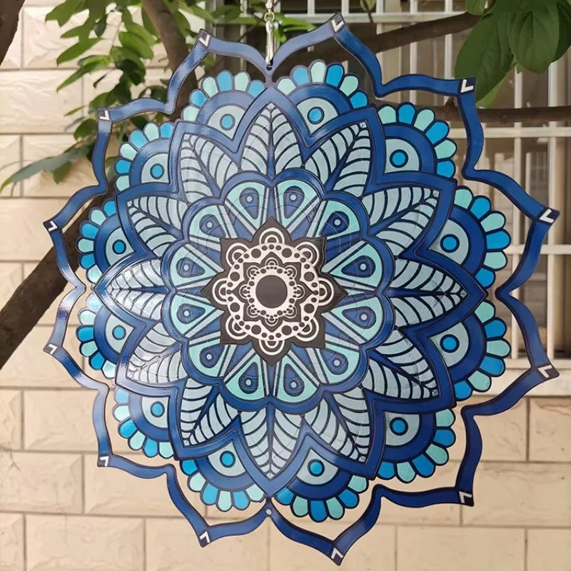 Intricate blue and white mandala design on 3D Kinetic Metal Wind Spinner Suncatcher