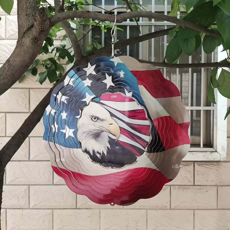 Patriotic wind spinner with American flag and bald eagle for outdoor decor