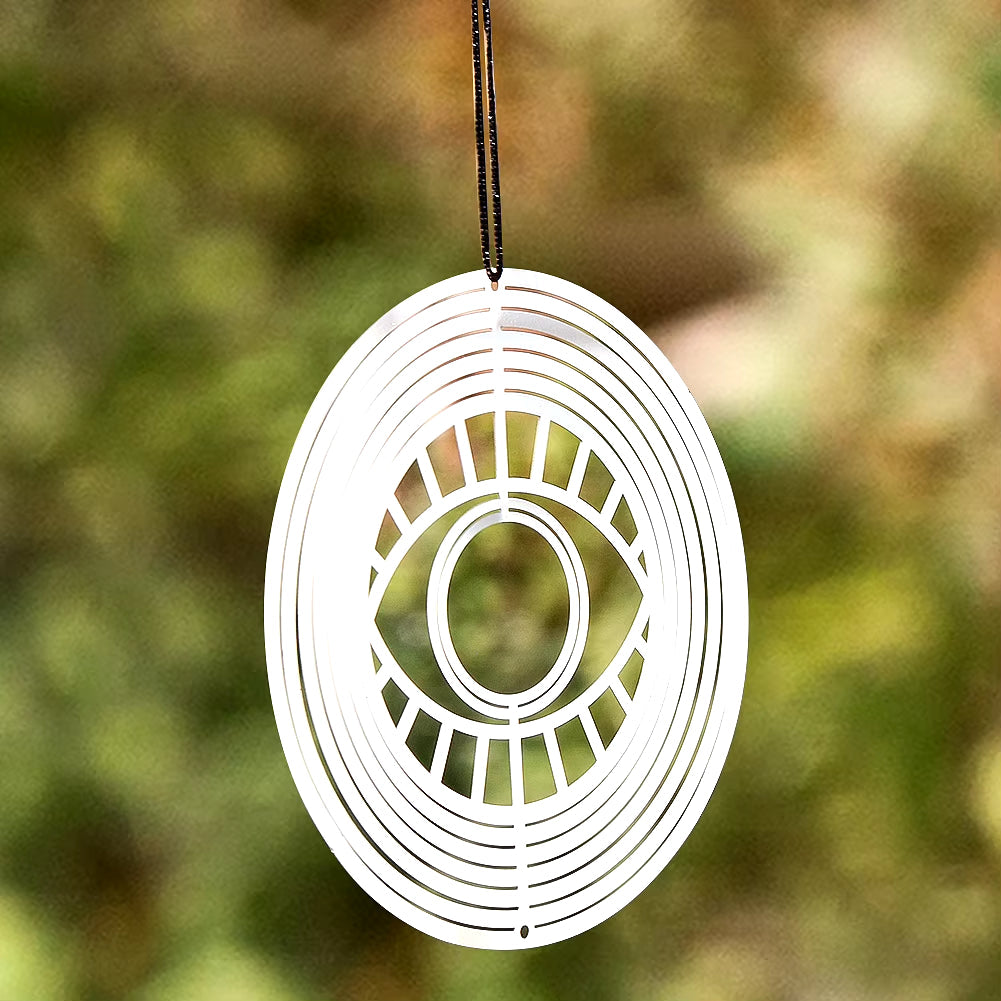 White circular wind spinner with eye design in 3D Metal Turkish Eye Kinetic Garden Wind Spinner