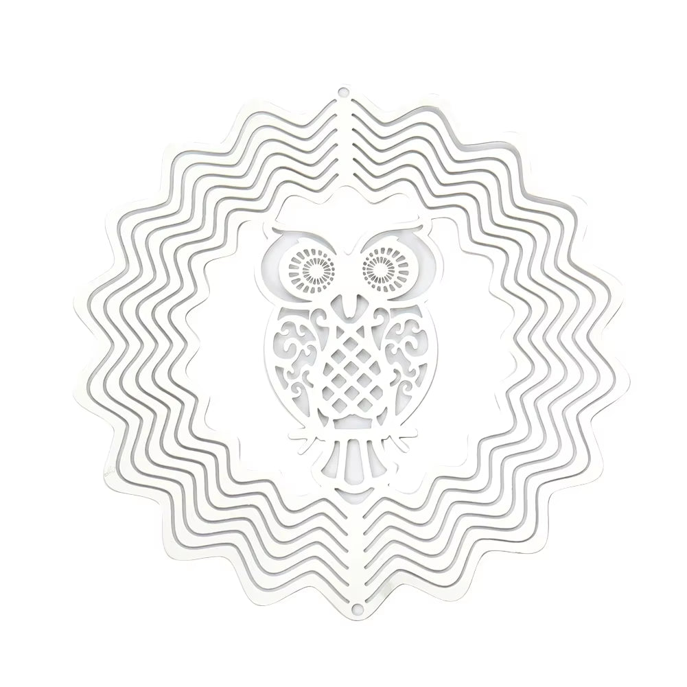 White owl design with wavy circles in 3D Owl Kinetic Metal Wind Spinner Suncatcher