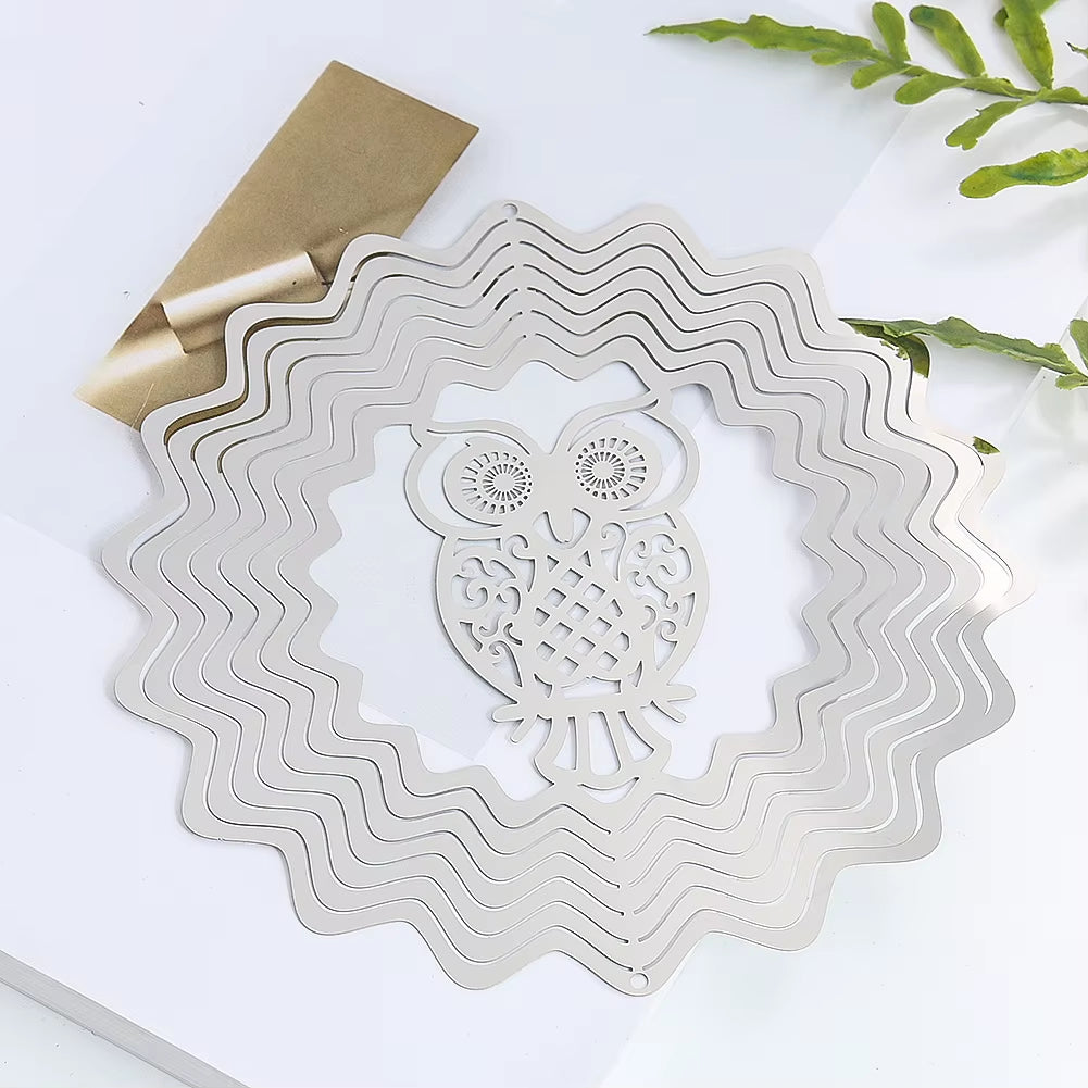 3D Owl Kinetic Metal Wind Spinner Suncatcher with wavy circular design