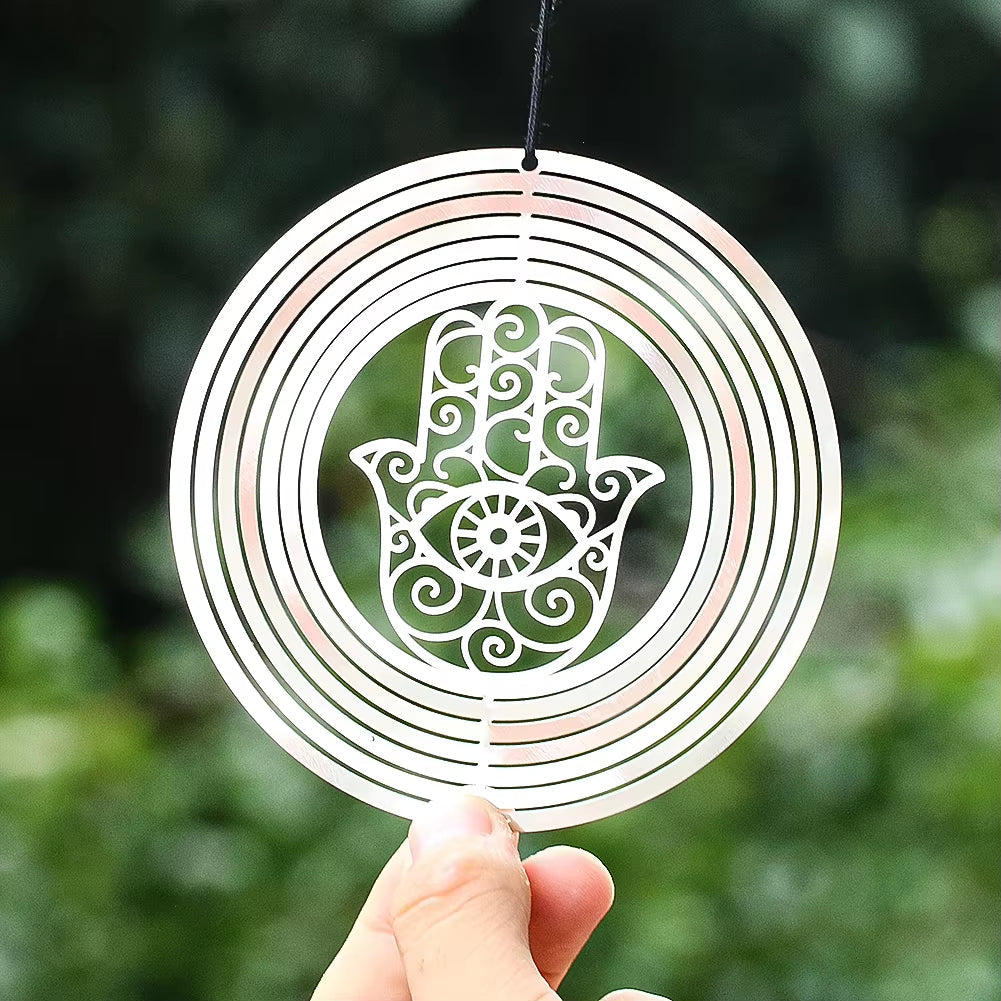 Decorative metal wind spinner with Hamsa hand design for garden decor