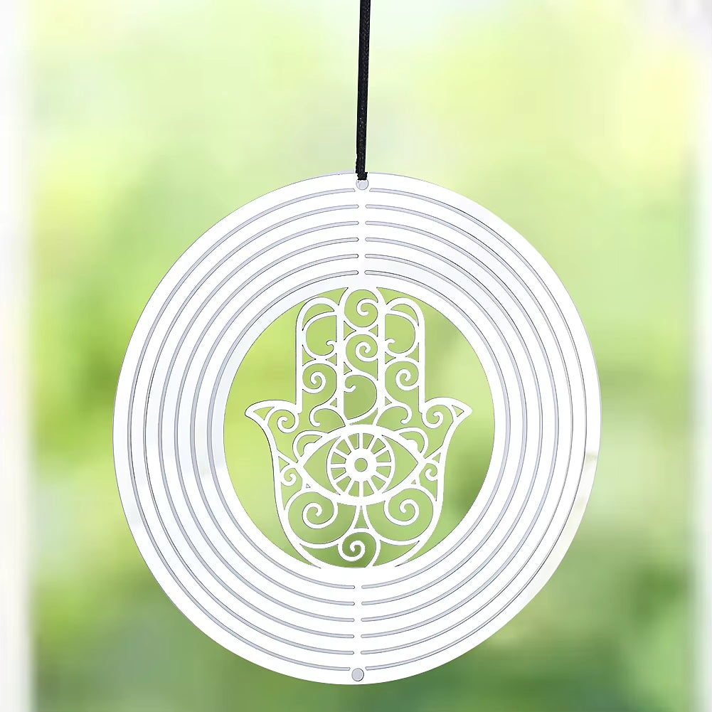 White circular wind spinner with Hamsa hand and eye design from 3D Stainless Steel Garden