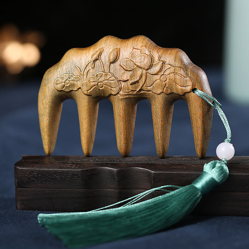 Green Sandalwood Tassel Comb with Lotus & Koi Fish Symbols