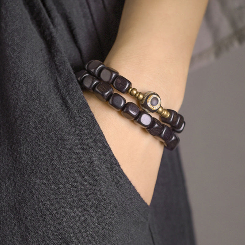 Ebony Wood Spiritual Peace Bracelet with Dzi Beads & Copper