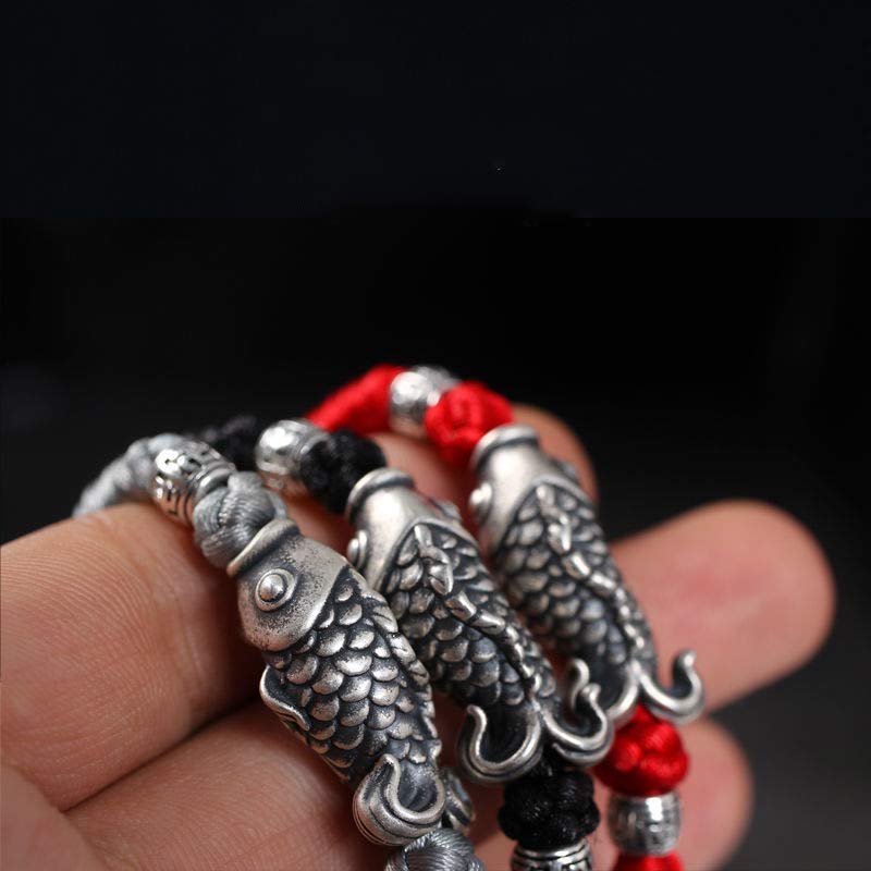 Sterling Silver Koi Fish Bracelet with Red Braided String