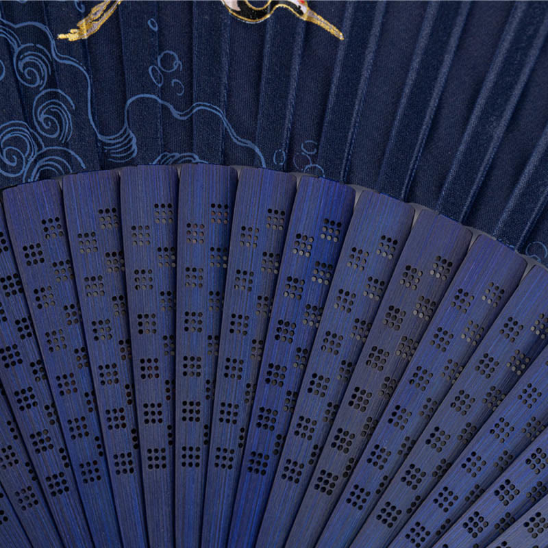 Silk Bamboo Chinese Folding Fan 22.5cm with Crane Dragonfly Motifs