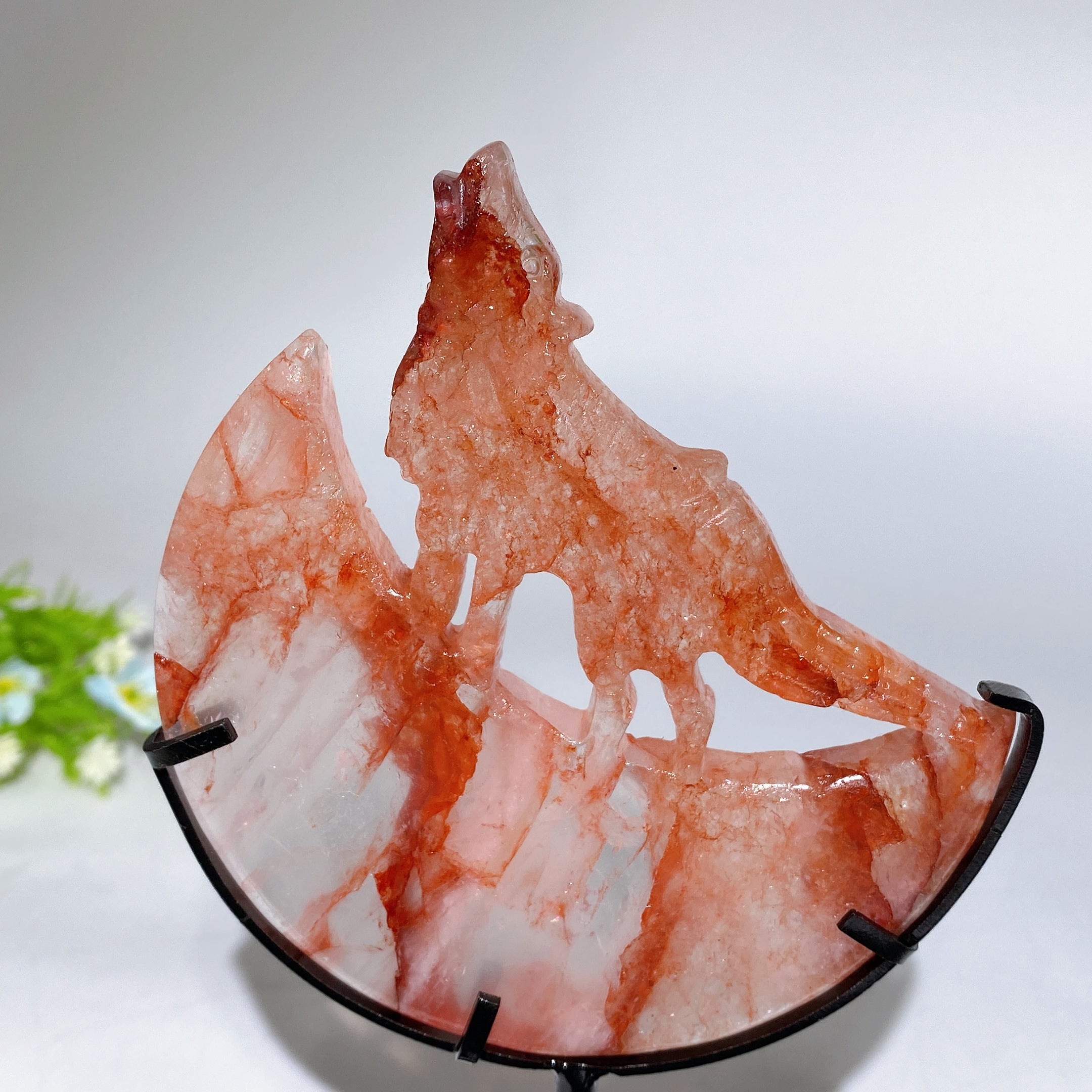 4.0-4.4" Crystal Wolf Carving on Moon with Stand