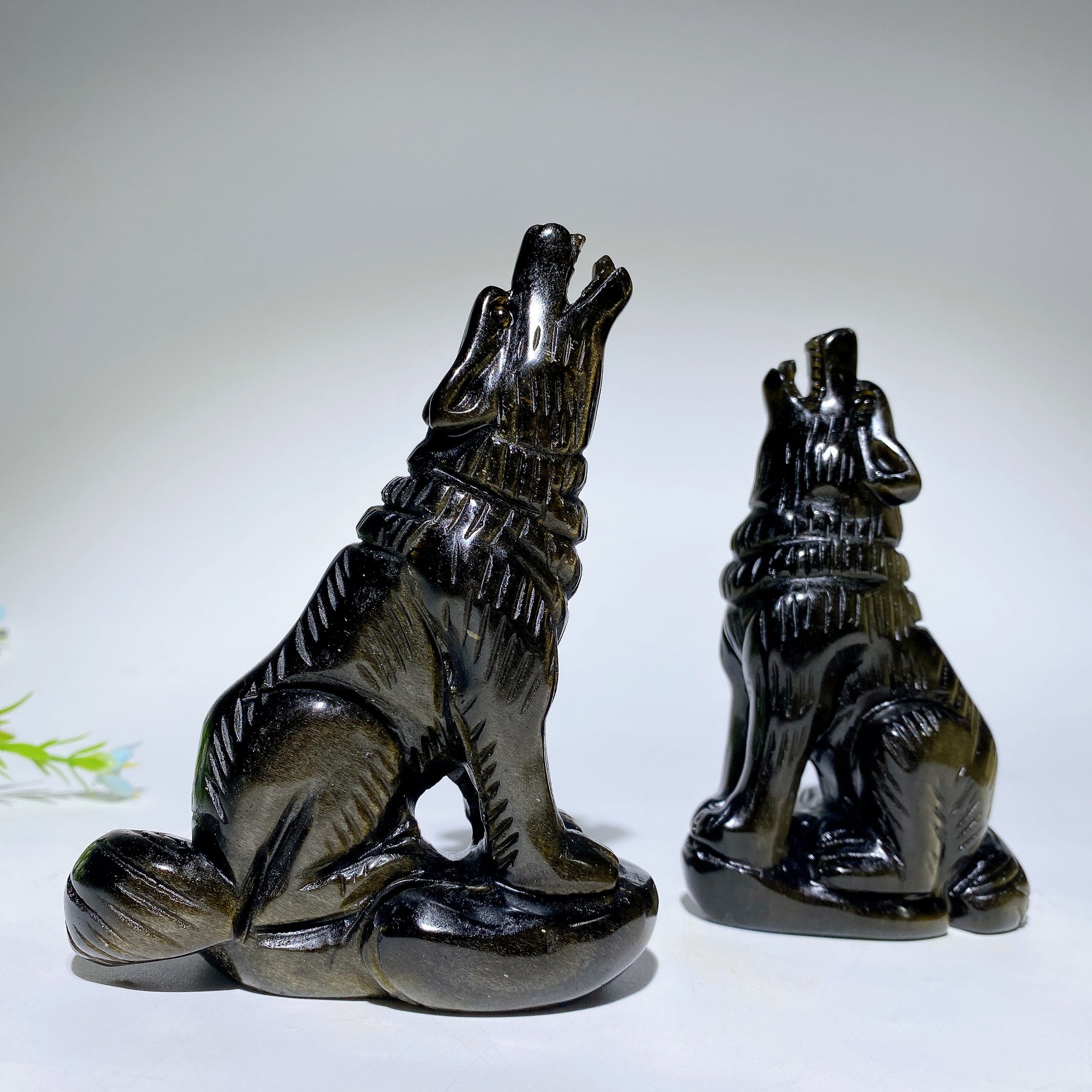 4.0" Silver Obsidian Crystal Wolf Carving - Healing Figurine