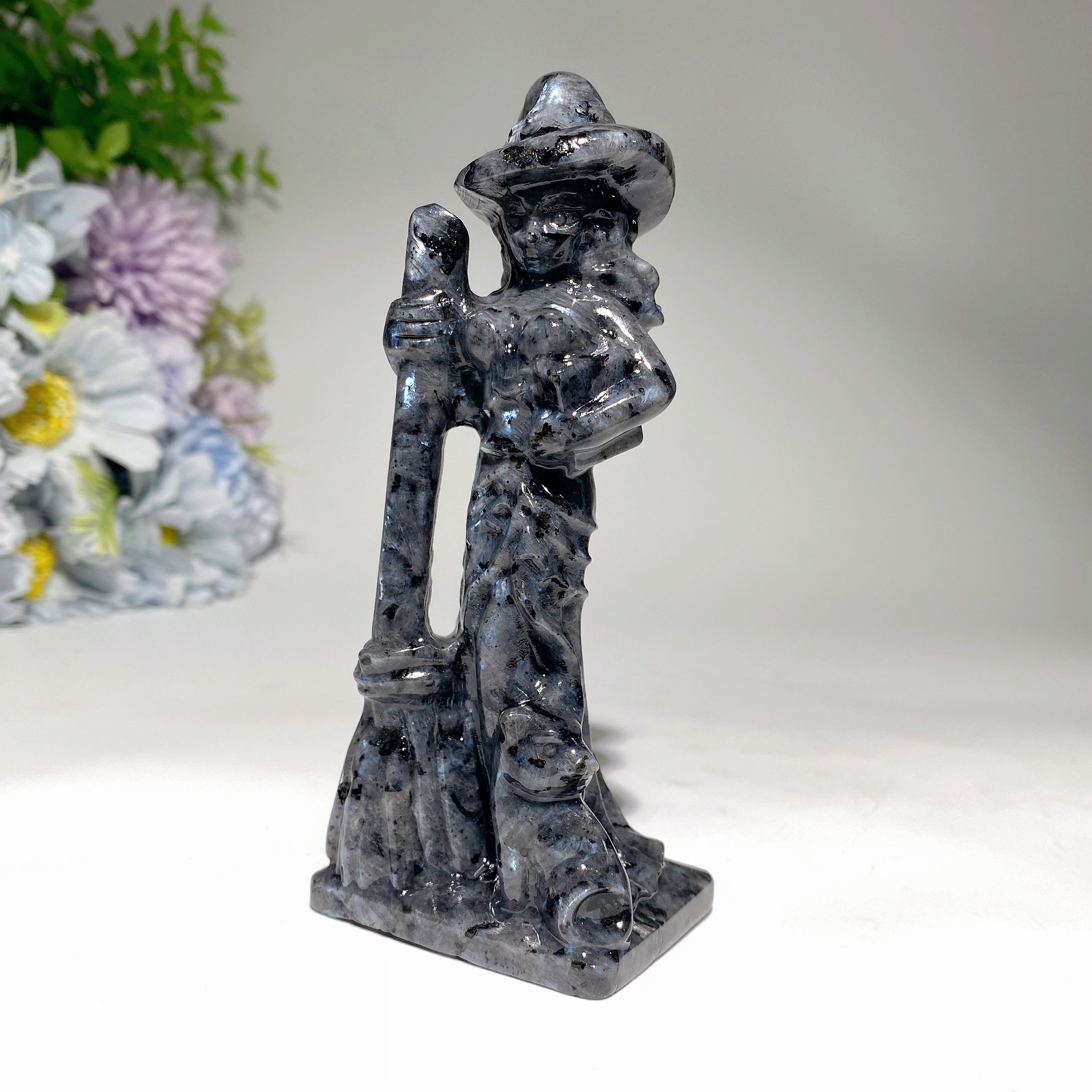 4.8 inch Mixed Crystal Witch with Cat and Broom Figurine