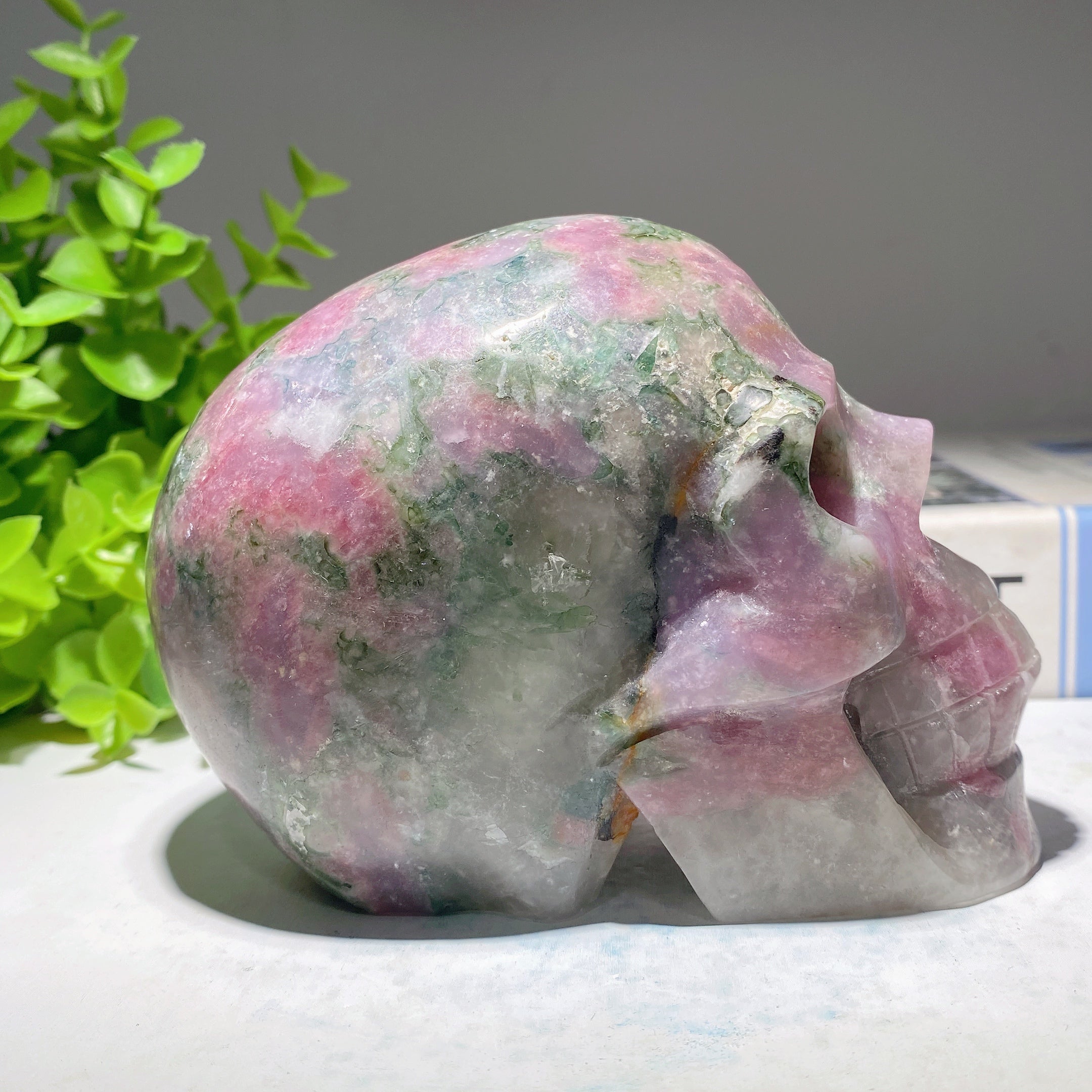 4.8 Inch Pink Green Tourmaline Crystal Skull Carving